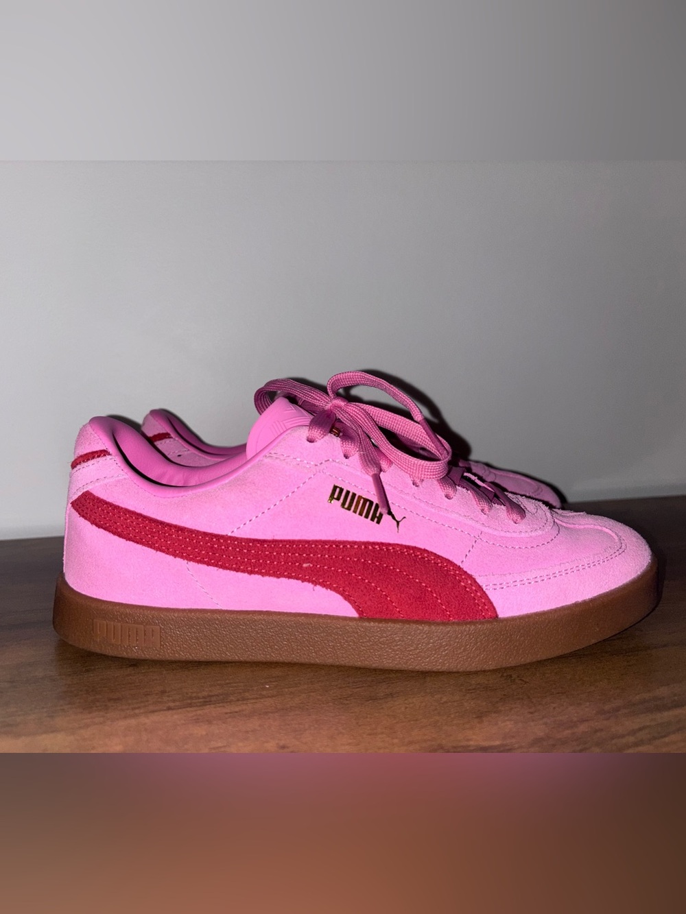 Puma Pink Suede Sneaker with Red Formstrip and Gum Sole